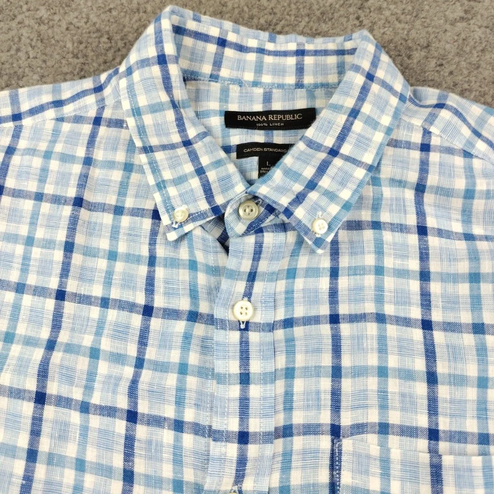 Banana Republic Linen Shirt Mens Blue White Plaid Camden Standard Fit Large